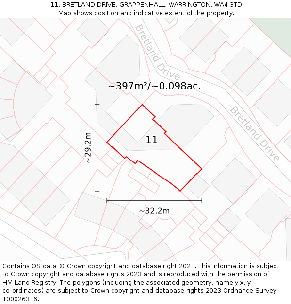 11, BRETLAND DRIVE, GRAPPENHALL, WARRINGTON, WA4 3TD: Plot and title map