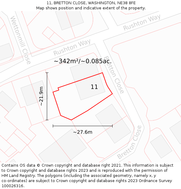 11, BRETTON CLOSE, WASHINGTON, NE38 8FE: Plot and title map