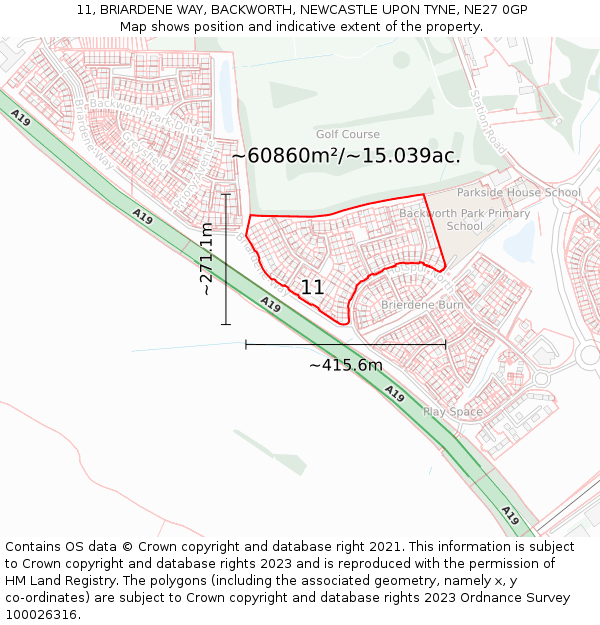 11, BRIARDENE WAY, BACKWORTH, NEWCASTLE UPON TYNE, NE27 0GP: Plot and title map