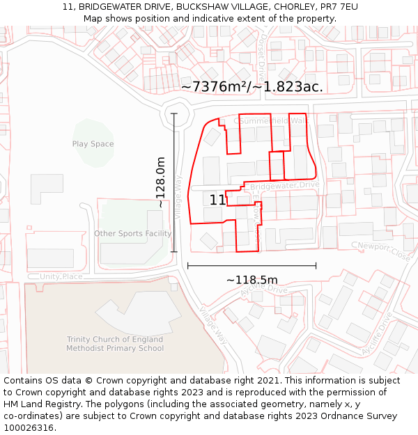 11, BRIDGEWATER DRIVE, BUCKSHAW VILLAGE, CHORLEY, PR7 7EU: Plot and title map