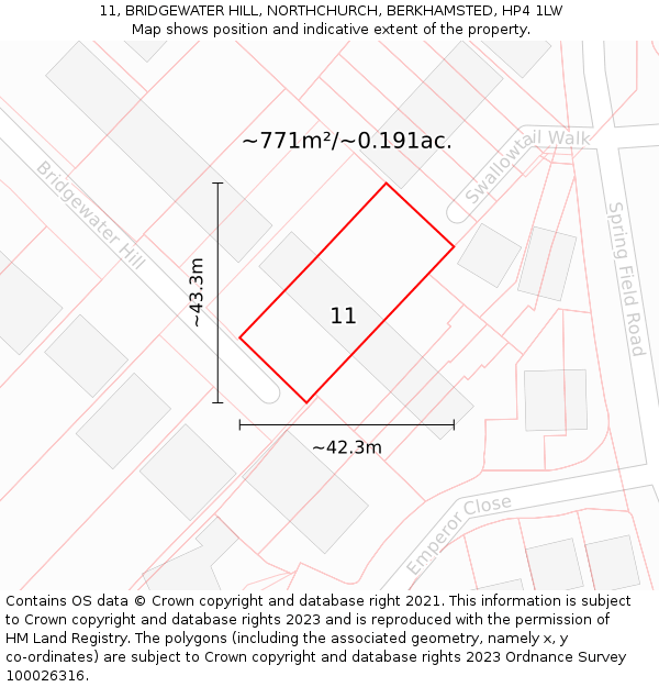 11, BRIDGEWATER HILL, NORTHCHURCH, BERKHAMSTED, HP4 1LW: Plot and title map