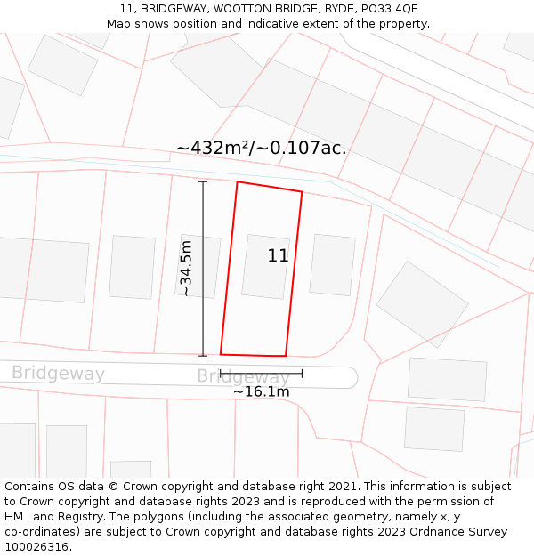 11, BRIDGEWAY, WOOTTON BRIDGE, RYDE, PO33 4QF: Plot and title map