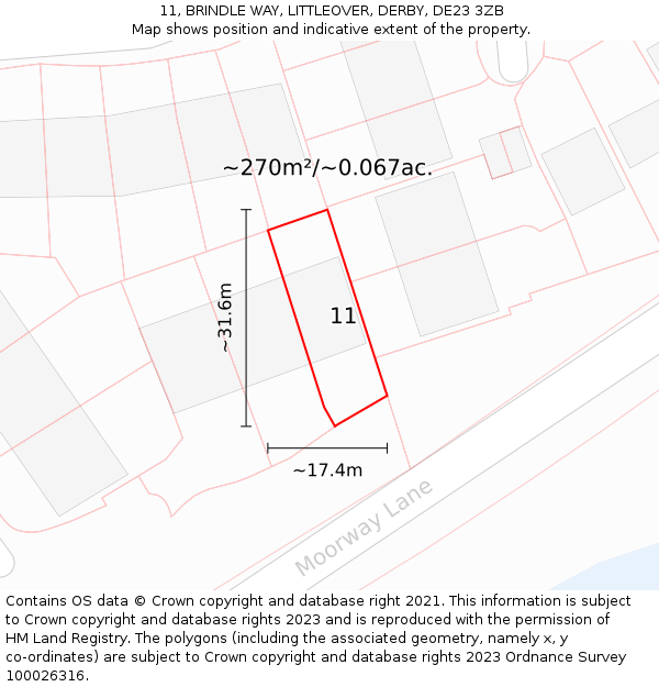 11, BRINDLE WAY, LITTLEOVER, DERBY, DE23 3ZB: Plot and title map