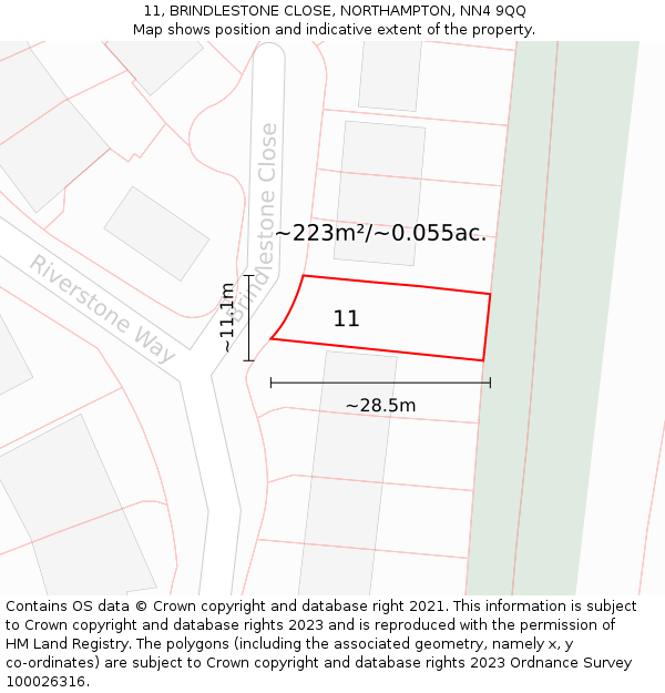 11, BRINDLESTONE CLOSE, NORTHAMPTON, NN4 9QQ: Plot and title map