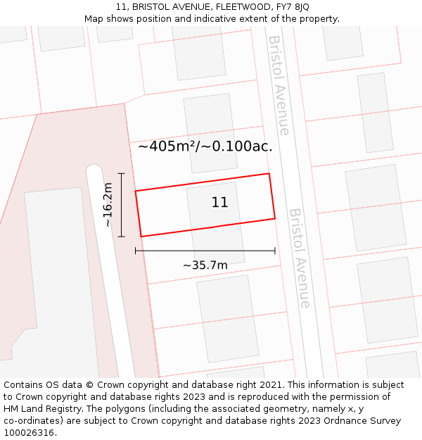 11, BRISTOL AVENUE, FLEETWOOD, FY7 8JQ: Plot and title map