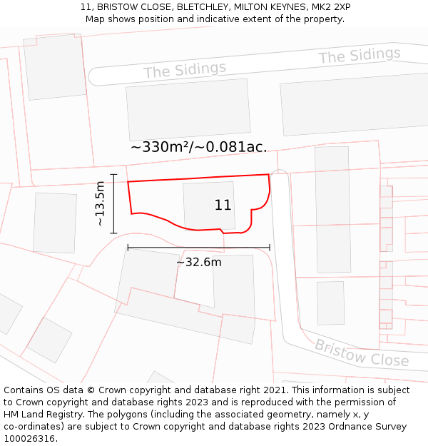 11, BRISTOW CLOSE, BLETCHLEY, MILTON KEYNES, MK2 2XP: Plot and title map