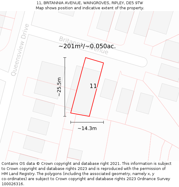 11, BRITANNIA AVENUE, WAINGROVES, RIPLEY, DE5 9TW: Plot and title map