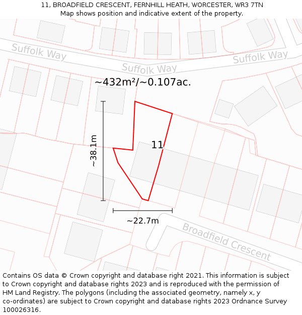11, BROADFIELD CRESCENT, FERNHILL HEATH, WORCESTER, WR3 7TN: Plot and title map