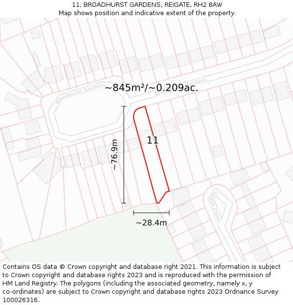 11, BROADHURST GARDENS, REIGATE, RH2 8AW: Plot and title map