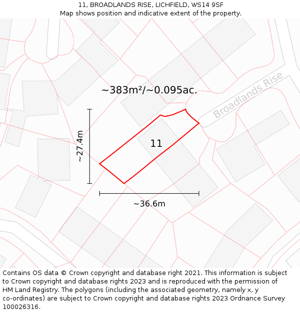 11, BROADLANDS RISE, LICHFIELD, WS14 9SF: Plot and title map