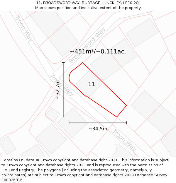 11, BROADSWORD WAY, BURBAGE, HINCKLEY, LE10 2QL: Plot and title map