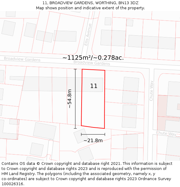 11, BROADVIEW GARDENS, WORTHING, BN13 3DZ: Plot and title map