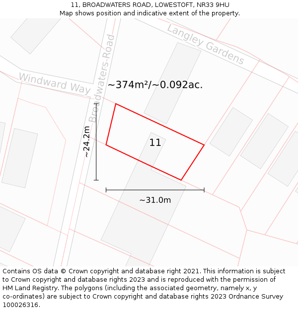 11, BROADWATERS ROAD, LOWESTOFT, NR33 9HU: Plot and title map