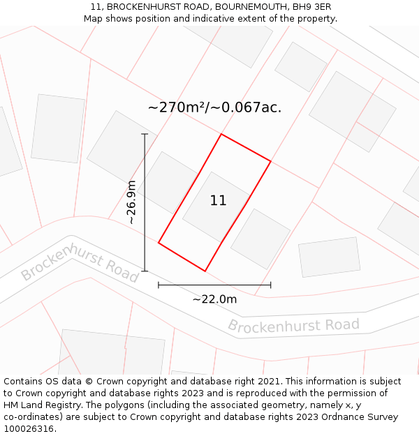 11, BROCKENHURST ROAD, BOURNEMOUTH, BH9 3ER: Plot and title map
