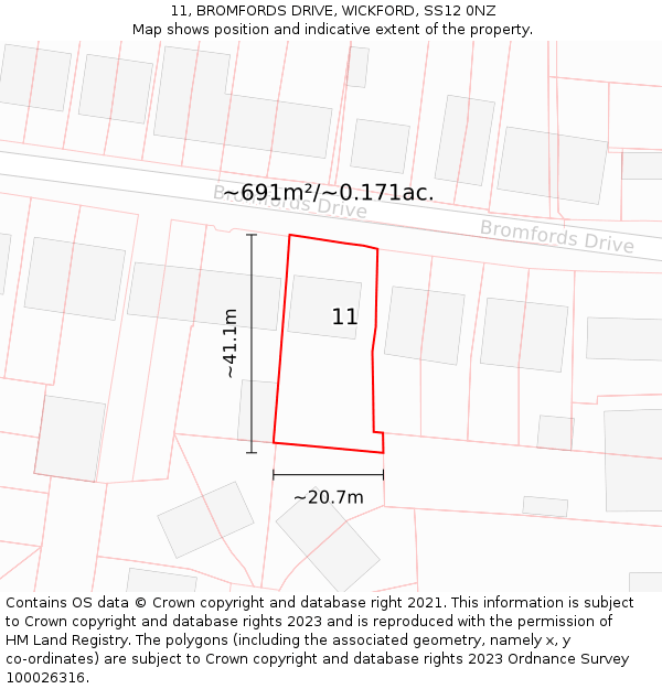 11, BROMFORDS DRIVE, WICKFORD, SS12 0NZ: Plot and title map