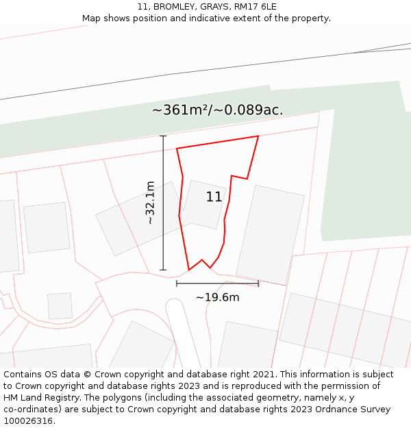 11, BROMLEY, GRAYS, RM17 6LE: Plot and title map