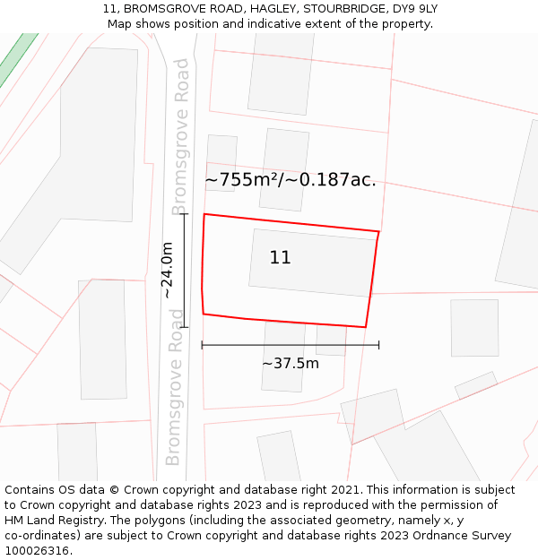 11, BROMSGROVE ROAD, HAGLEY, STOURBRIDGE, DY9 9LY: Plot and title map