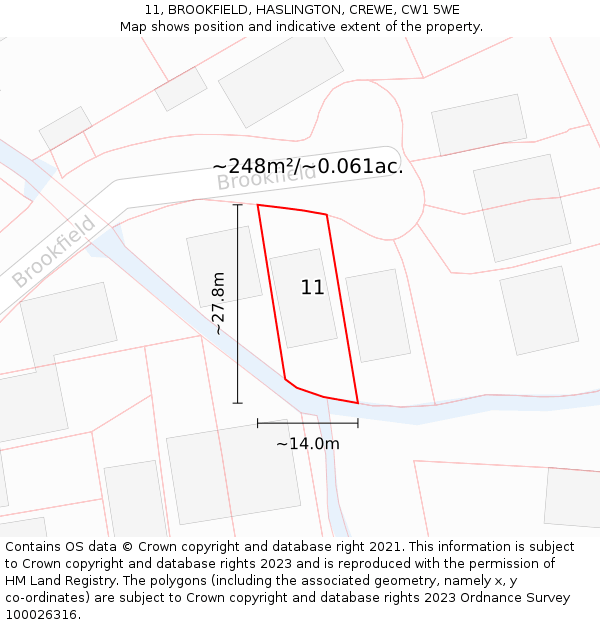 11, BROOKFIELD, HASLINGTON, CREWE, CW1 5WE: Plot and title map