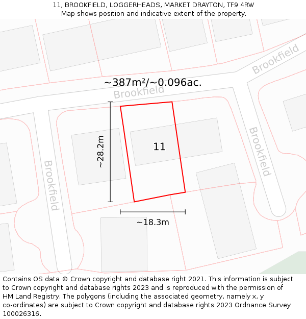 11, BROOKFIELD, LOGGERHEADS, MARKET DRAYTON, TF9 4RW: Plot and title map