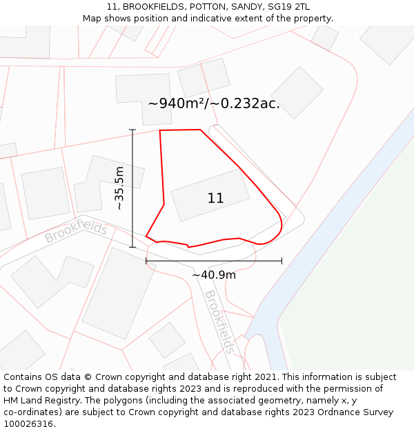 11, BROOKFIELDS, POTTON, SANDY, SG19 2TL: Plot and title map