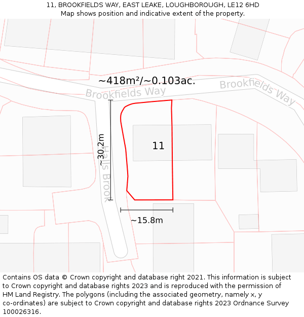 11, BROOKFIELDS WAY, EAST LEAKE, LOUGHBOROUGH, LE12 6HD: Plot and title map
