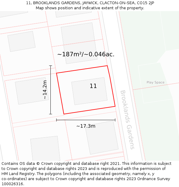 11, BROOKLANDS GARDENS, JAYWICK, CLACTON-ON-SEA, CO15 2JP: Plot and title map