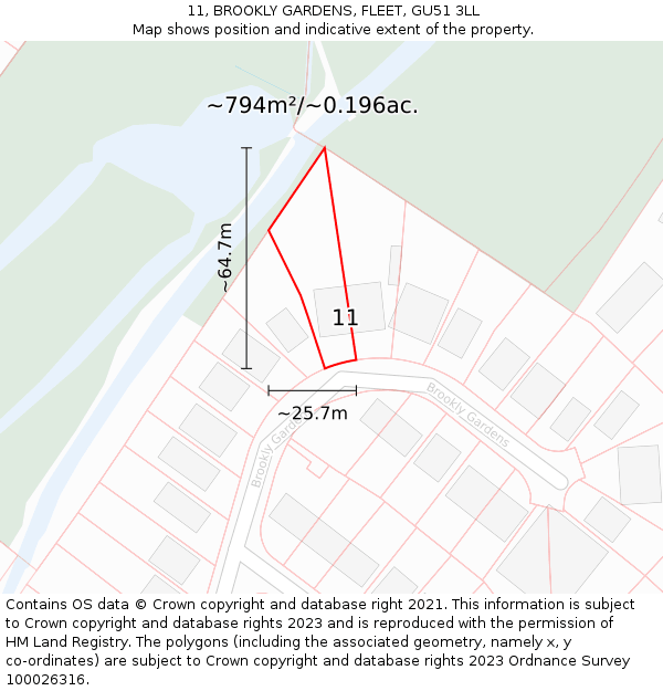 11, BROOKLY GARDENS, FLEET, GU51 3LL: Plot and title map