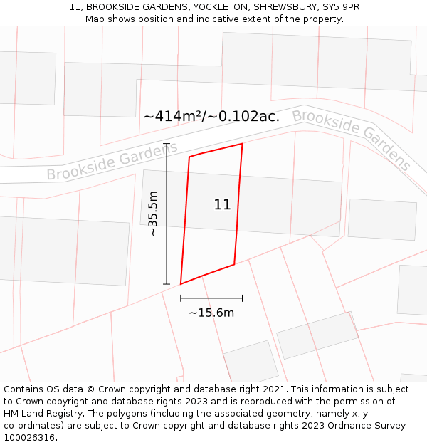 11, BROOKSIDE GARDENS, YOCKLETON, SHREWSBURY, SY5 9PR: Plot and title map