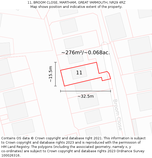 11, BROOM CLOSE, MARTHAM, GREAT YARMOUTH, NR29 4RZ: Plot and title map