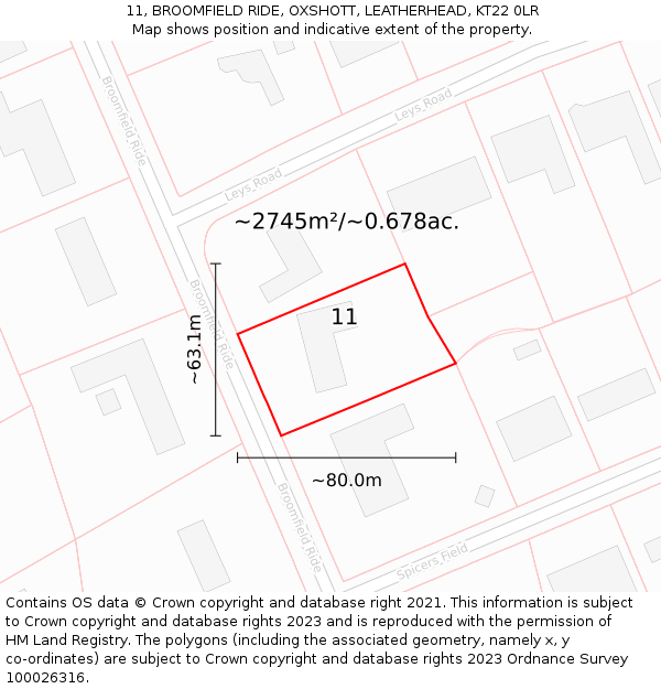 11, BROOMFIELD RIDE, OXSHOTT, LEATHERHEAD, KT22 0LR: Plot and title map