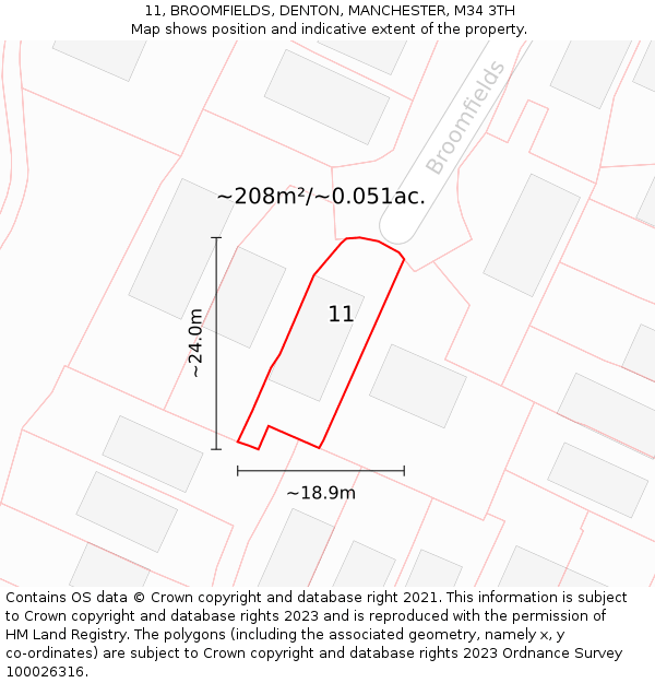 11, BROOMFIELDS, DENTON, MANCHESTER, M34 3TH: Plot and title map