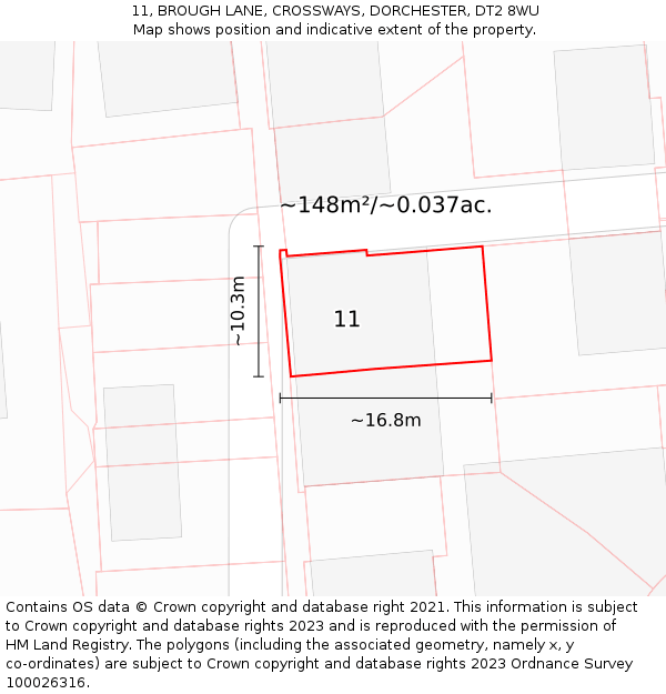 11, BROUGH LANE, CROSSWAYS, DORCHESTER, DT2 8WU: Plot and title map