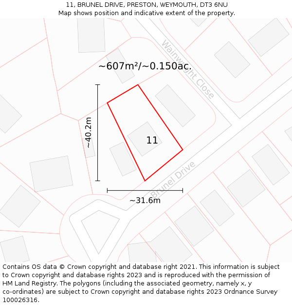 11, BRUNEL DRIVE, PRESTON, WEYMOUTH, DT3 6NU: Plot and title map