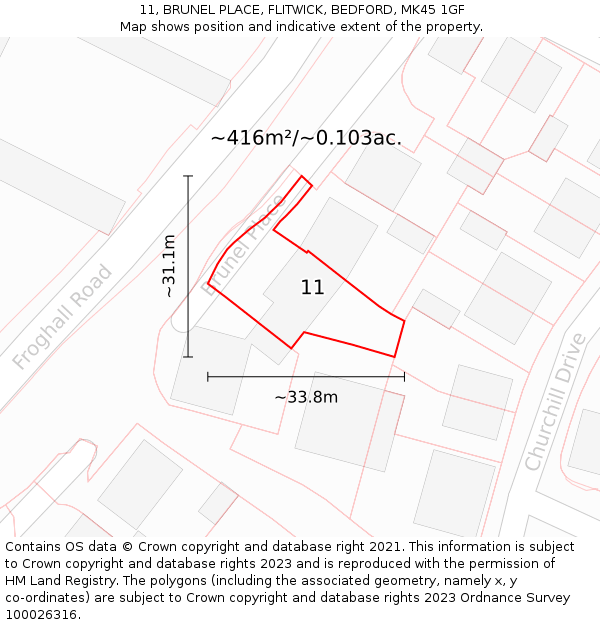 11, BRUNEL PLACE, FLITWICK, BEDFORD, MK45 1GF: Plot and title map