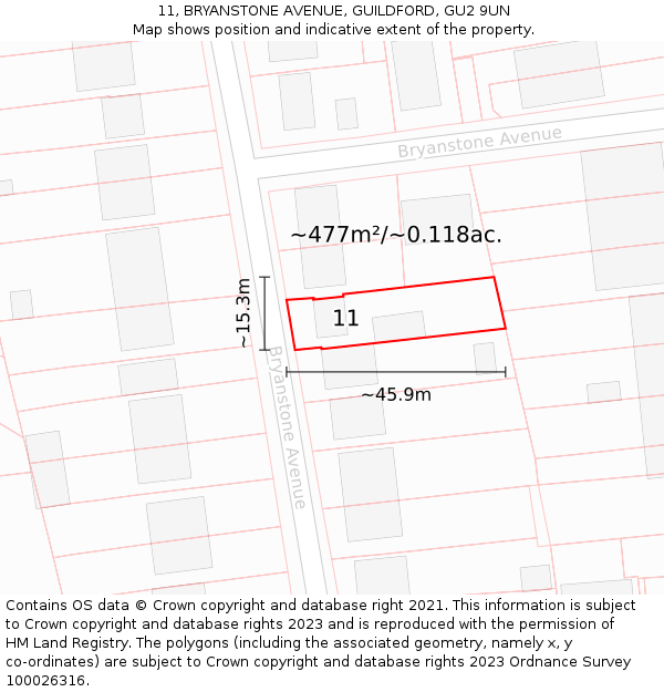 11, BRYANSTONE AVENUE, GUILDFORD, GU2 9UN: Plot and title map