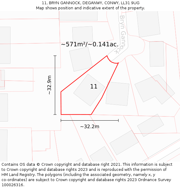 11, BRYN GANNOCK, DEGANWY, CONWY, LL31 9UG: Plot and title map