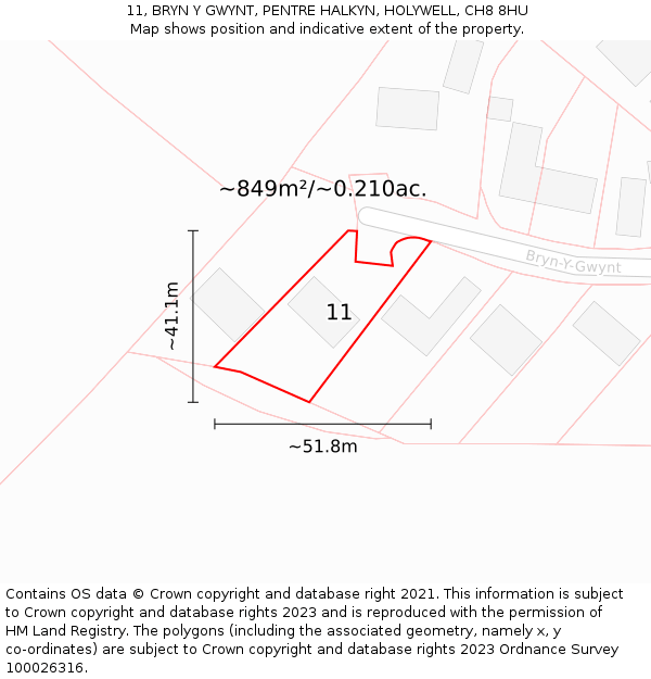 11, BRYN Y GWYNT, PENTRE HALKYN, HOLYWELL, CH8 8HU: Plot and title map