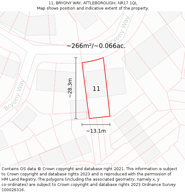 11, BRYONY WAY, ATTLEBOROUGH, NR17 1QL: Plot and title map