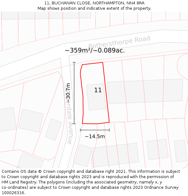 11, BUCHANAN CLOSE, NORTHAMPTON, NN4 8RA: Plot and title map
