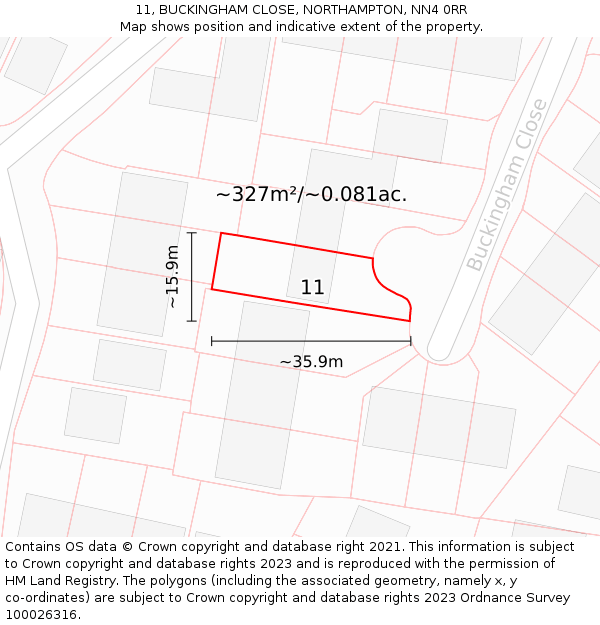 11, BUCKINGHAM CLOSE, NORTHAMPTON, NN4 0RR: Plot and title map