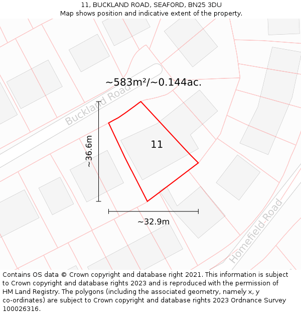 11, BUCKLAND ROAD, SEAFORD, BN25 3DU: Plot and title map
