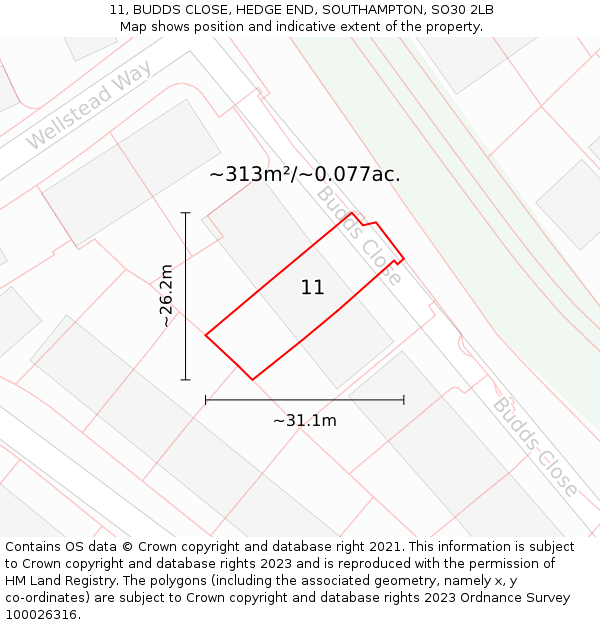 11, BUDDS CLOSE, HEDGE END, SOUTHAMPTON, SO30 2LB: Plot and title map