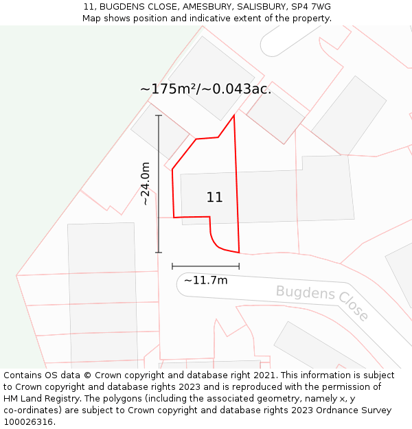 11, BUGDENS CLOSE, AMESBURY, SALISBURY, SP4 7WG: Plot and title map