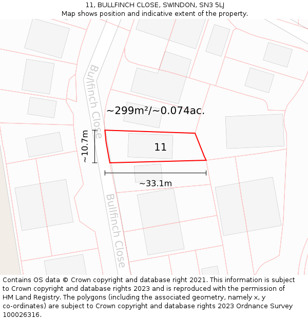 11, BULLFINCH CLOSE, SWINDON, SN3 5LJ: Plot and title map