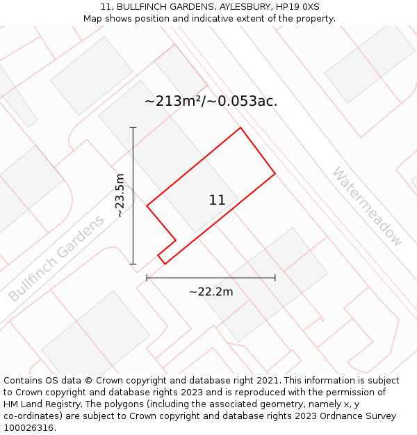 11, BULLFINCH GARDENS, AYLESBURY, HP19 0XS: Plot and title map