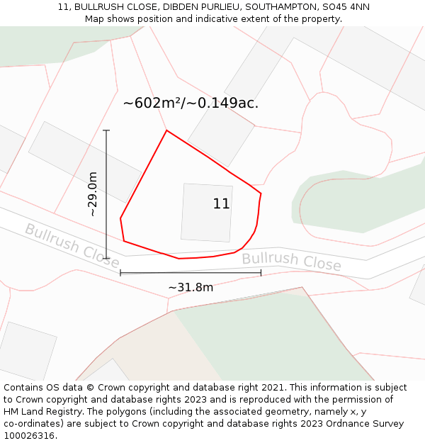 11, BULLRUSH CLOSE, DIBDEN PURLIEU, SOUTHAMPTON, SO45 4NN: Plot and title map