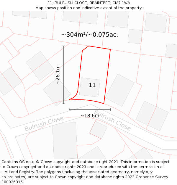11, BULRUSH CLOSE, BRAINTREE, CM7 1WA: Plot and title map