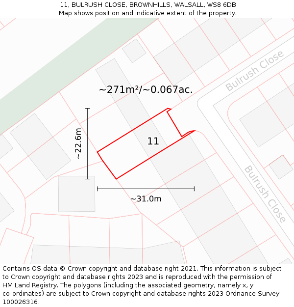 11, BULRUSH CLOSE, BROWNHILLS, WALSALL, WS8 6DB: Plot and title map