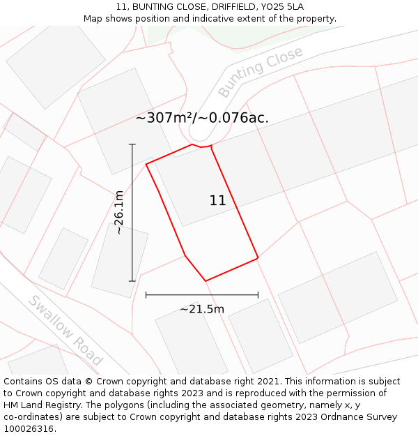 11, BUNTING CLOSE, DRIFFIELD, YO25 5LA: Plot and title map