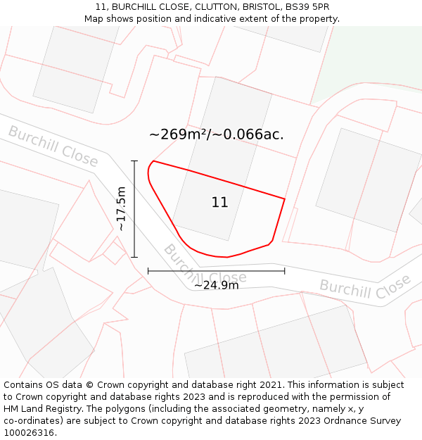 11, BURCHILL CLOSE, CLUTTON, BRISTOL, BS39 5PR: Plot and title map